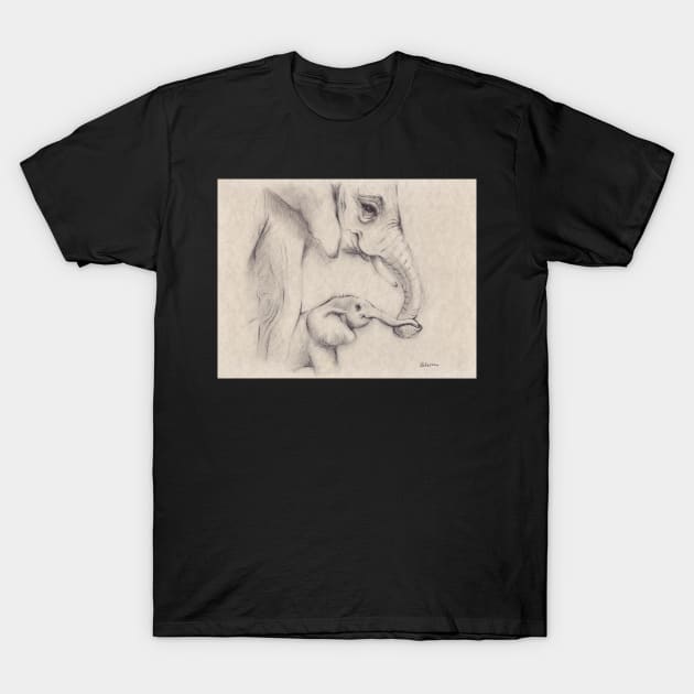My Little One - Mama & Baby Elephant Charcoal Pencil Drawing T-Shirt by tranquilwaters